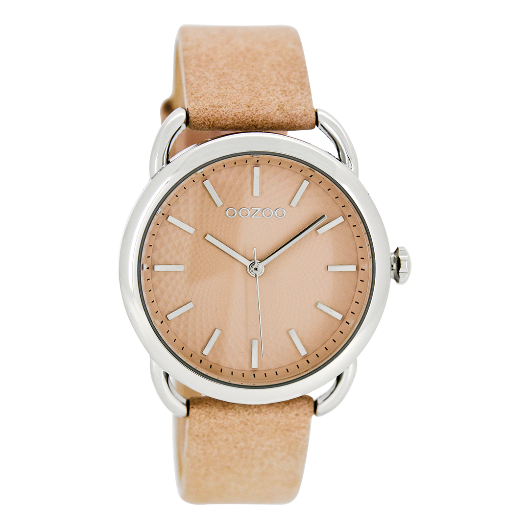 Silver coloured OOZOO watch with pink grey leather strap - C8716