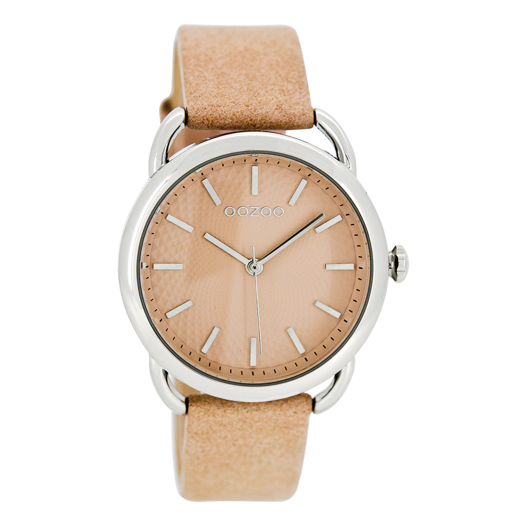 Silver coloured OOZOO watch with pink grey leather strap - C8716