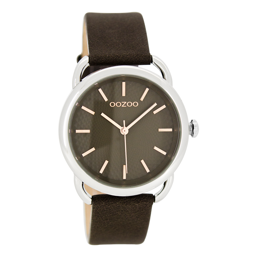 Silver coloured OOZOO watch with brown leather strap - C8719