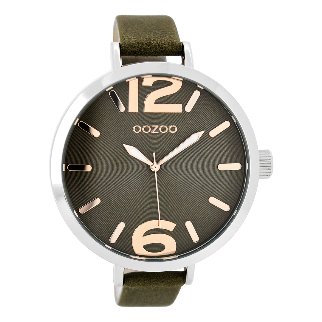 Silver coloured OOZOO watch with dark brown leather strap - C8723