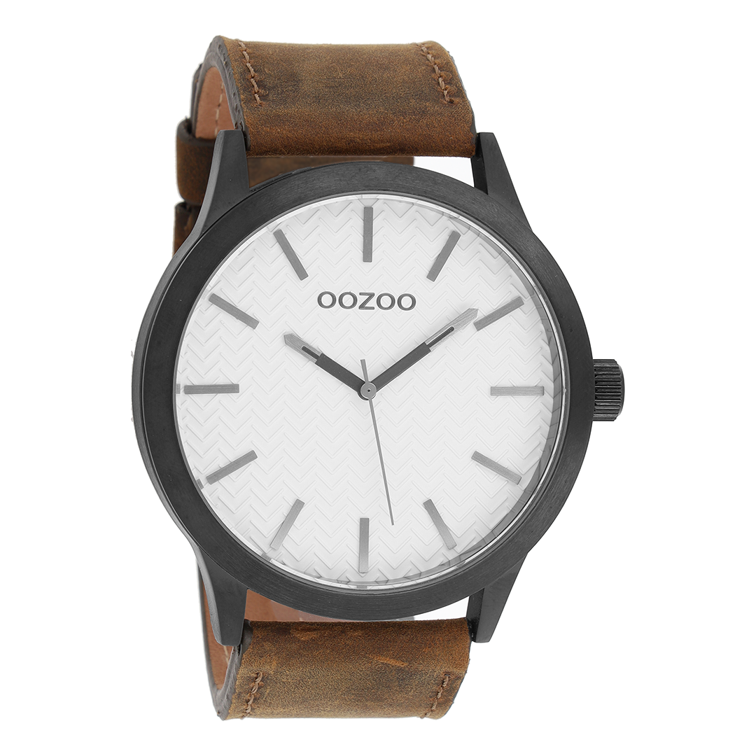 Black OOZOO watch with dark brown leather strap - C9011