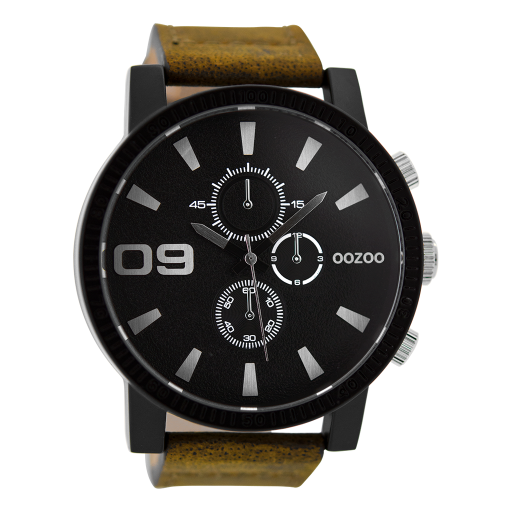 OOZOO Montre en noir avec bracelet en cuir en marron - C9033