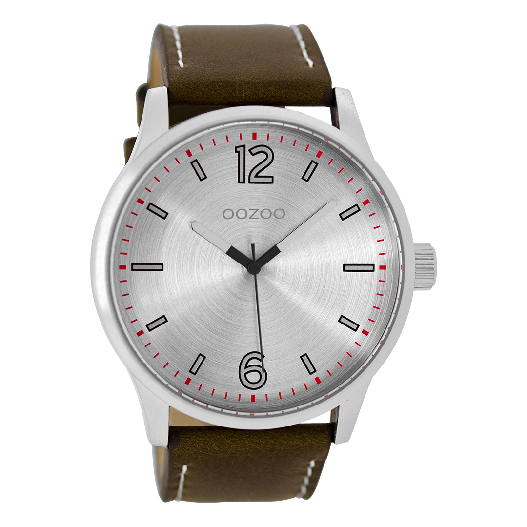 Silver coloured OOZOO watch with dark brown leather strap - C9048
