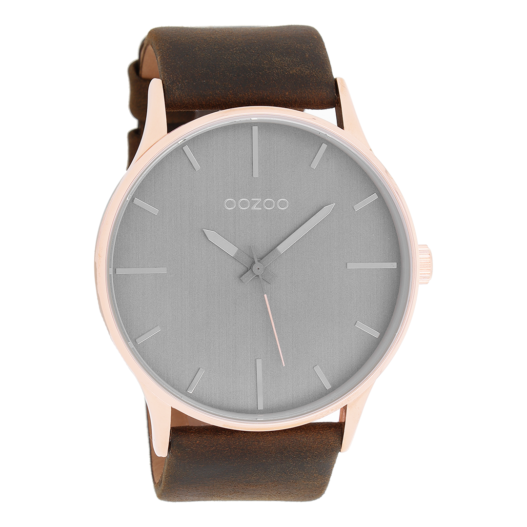 Rose gold coloured OOZOO watch with dark brown leather strap - C9053