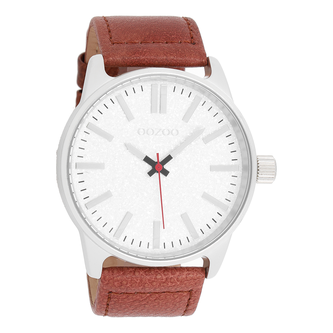 Silver coloured OOZOO watch with brown leather strap - C9060