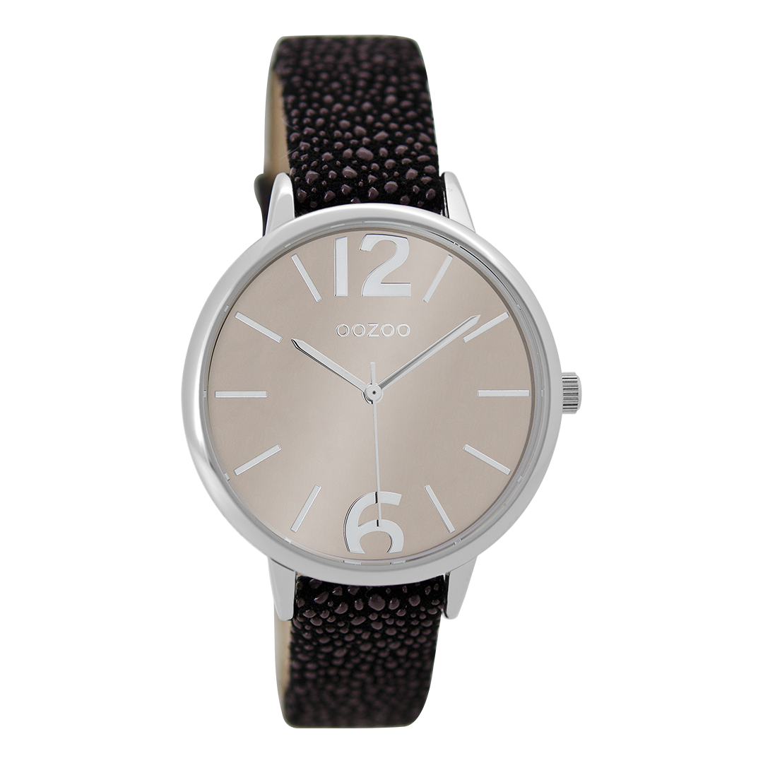 Silver coloured OOZOO watch with black leather strap - C9227
