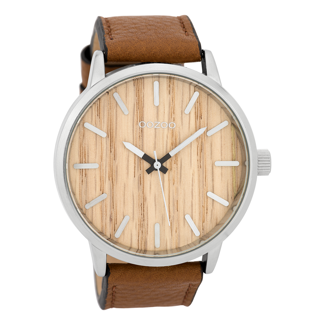 Silver coloured OOZOO watch with cognac leather strap - C9256