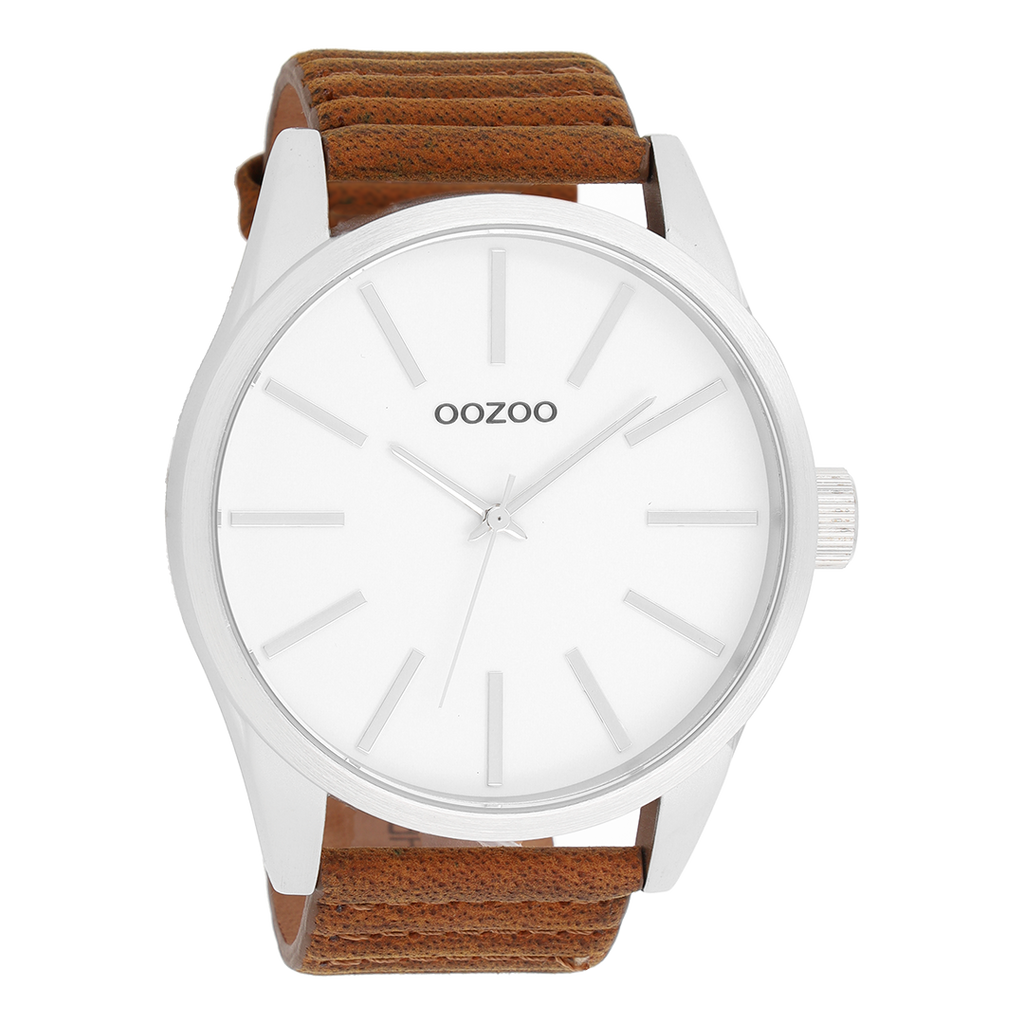 Silver coloured OOZOO watch with brown leather strap - C9410