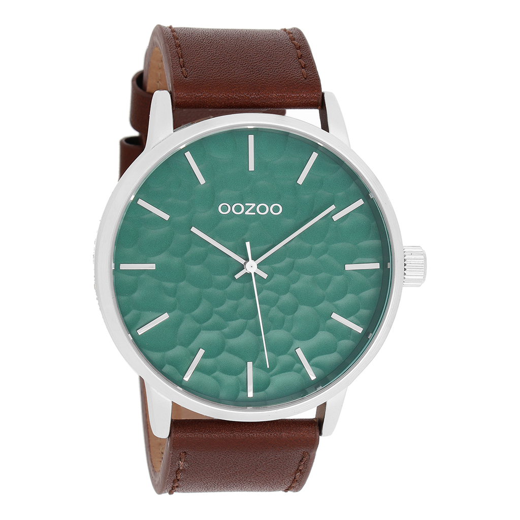 Silver coloured OOZOO watch with brown leather strap - C9441