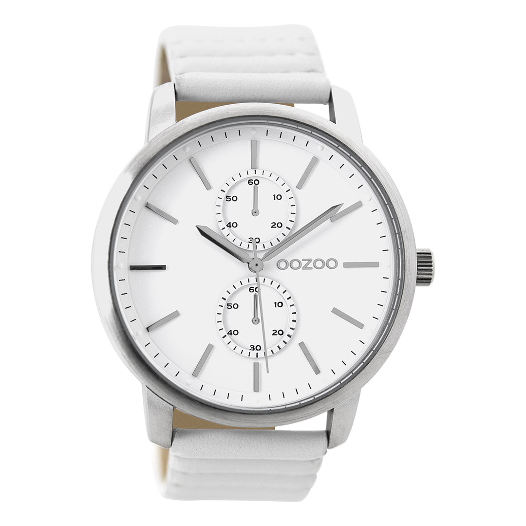 Silver coloured OOZOO watch with white leather strap - C9450