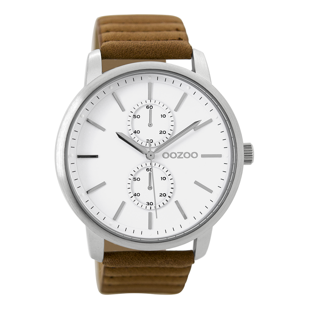 Silver coloured OOZOO watch with brown leather strap - C9451