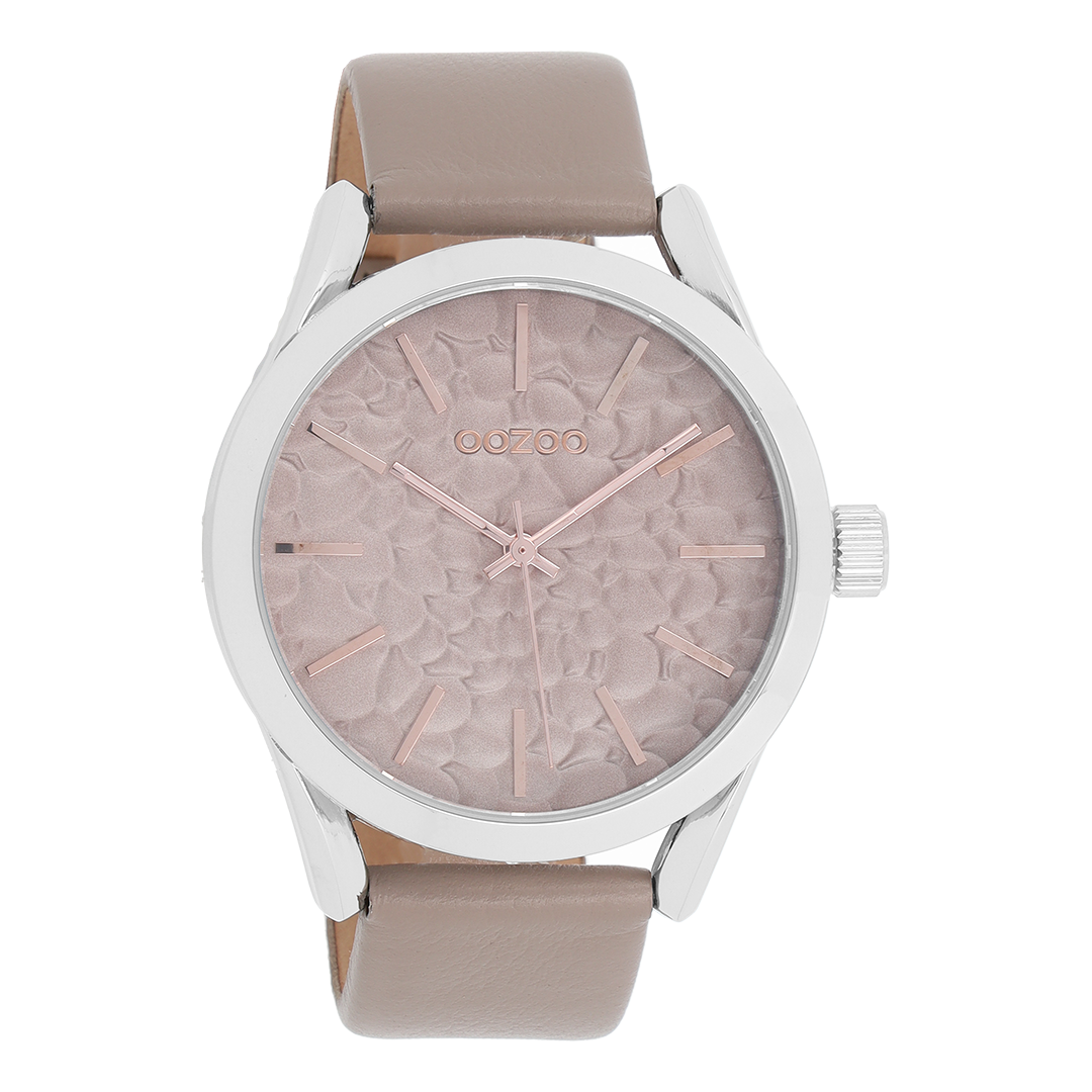 Silver coloured OOZOO watch with taupe leather strap - C9473