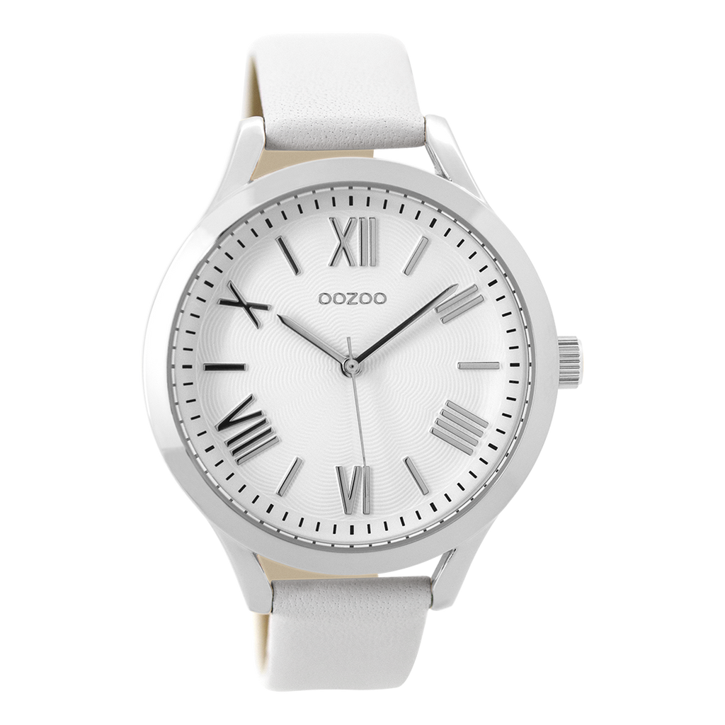 Silver coloured OOZOO watch with white leather strap - C9475