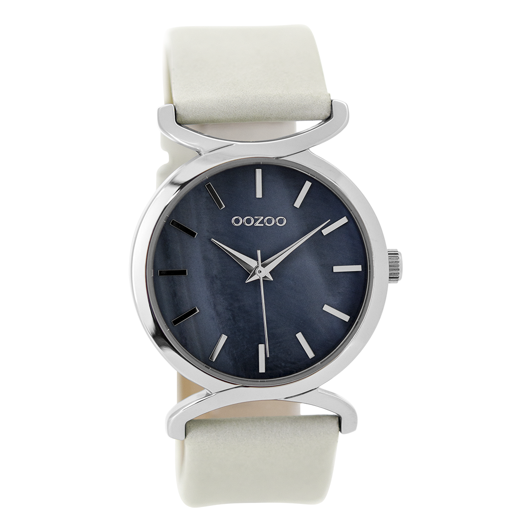 Silver coloured OOZOO watch with white leather strap - C9525