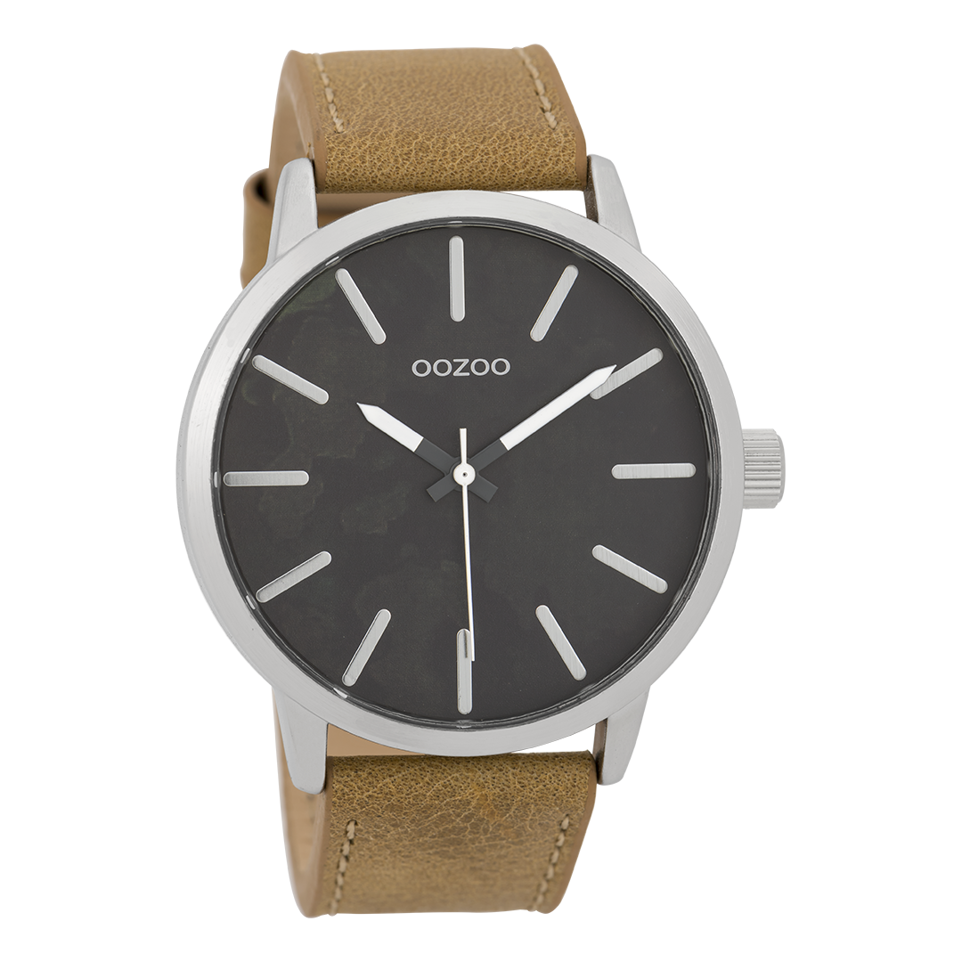 Silver coloured OOZOO watch with camel leather strap - C9600