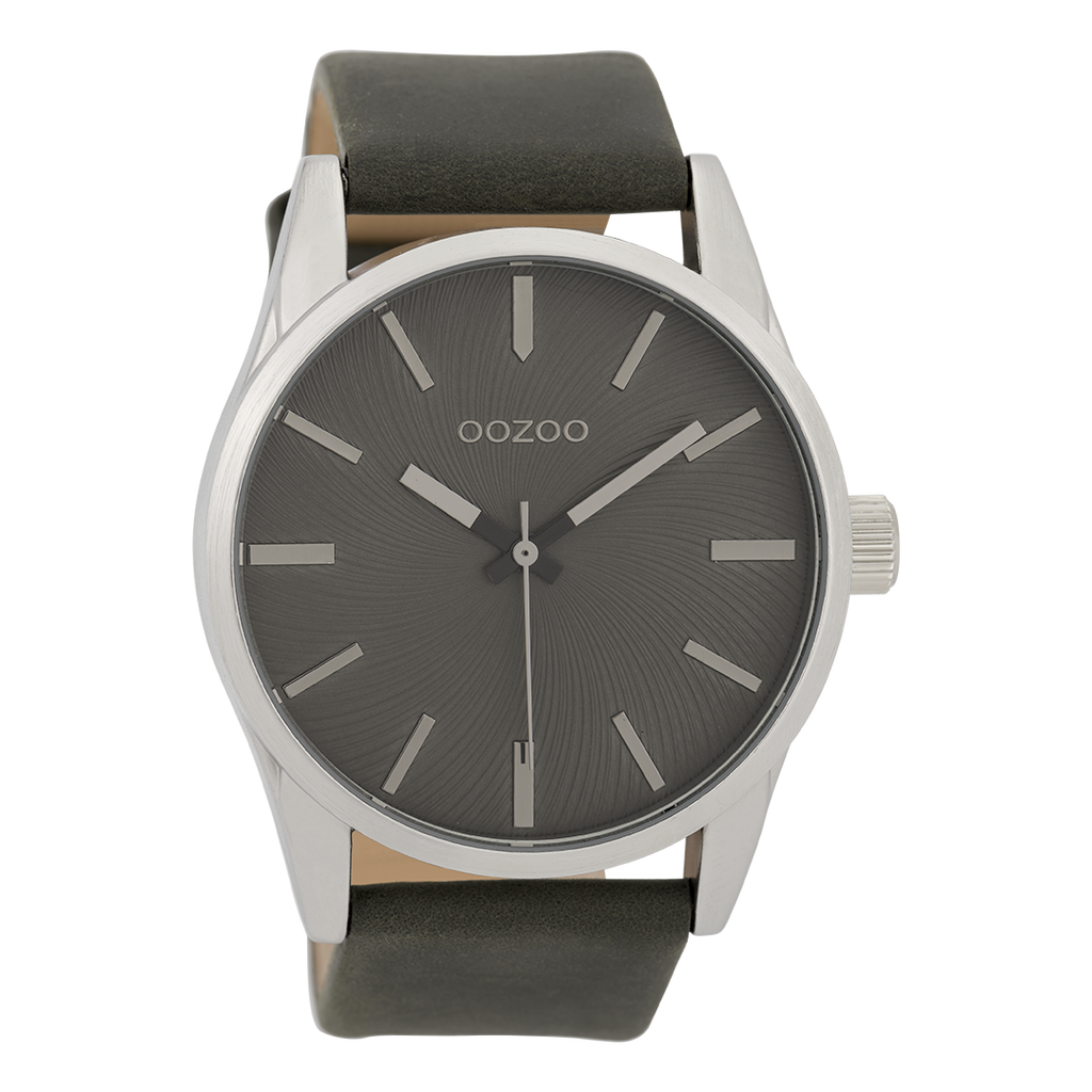 Silver coloured OOZOO watch with dark grey leather strap - C9628