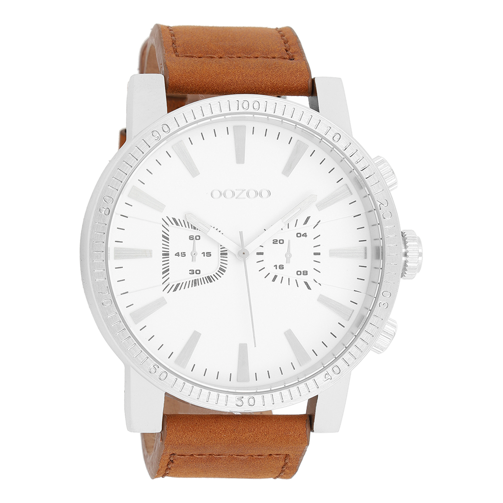 Silver coloured OOZOO watch with cognac leather strap - C9645