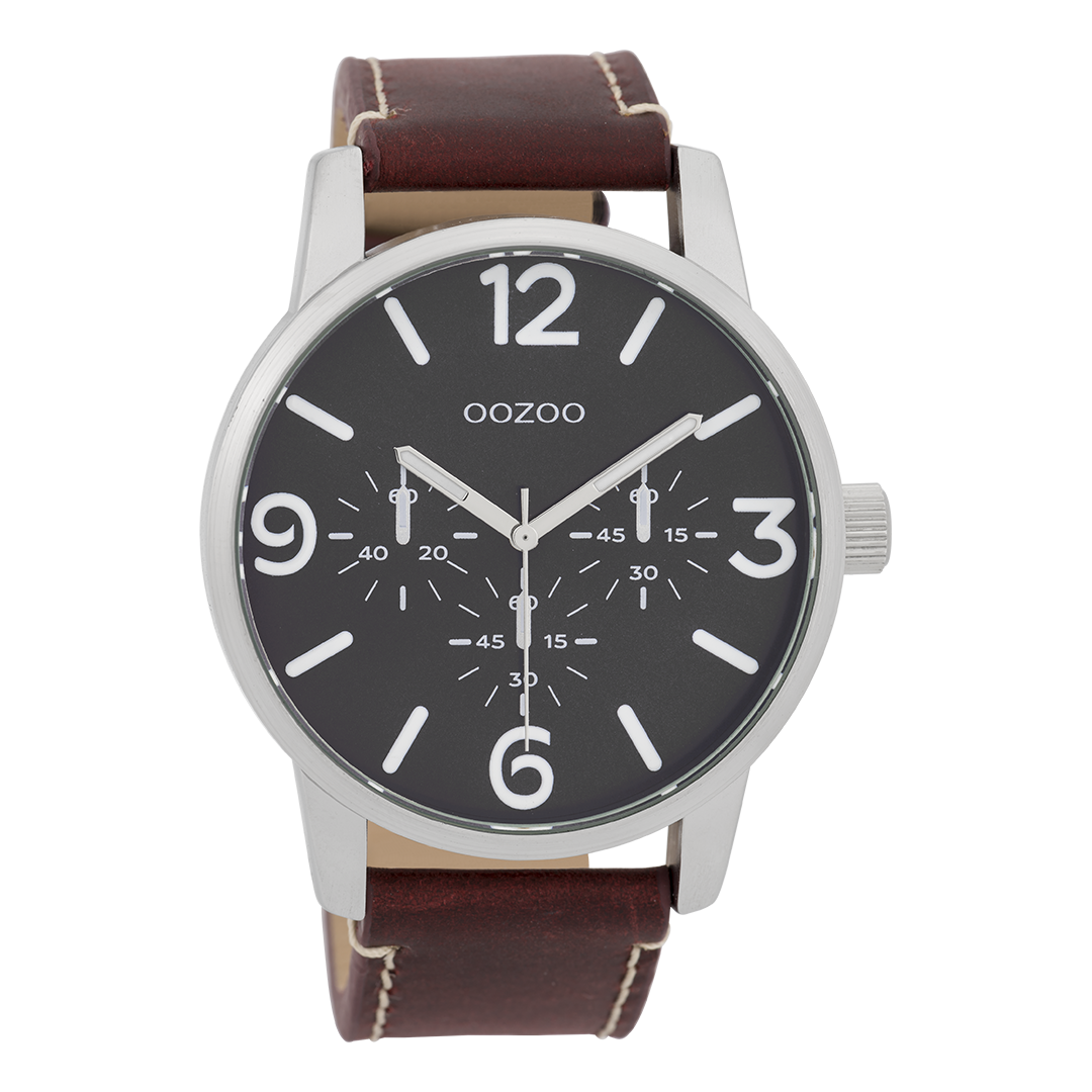 Silver coloured OOZOO watch with red brown leather strap - C9652