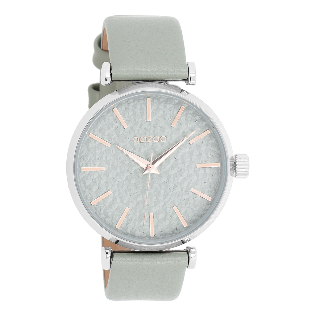 Silver coloured OOZOO watch with green grey leather strap - C9665