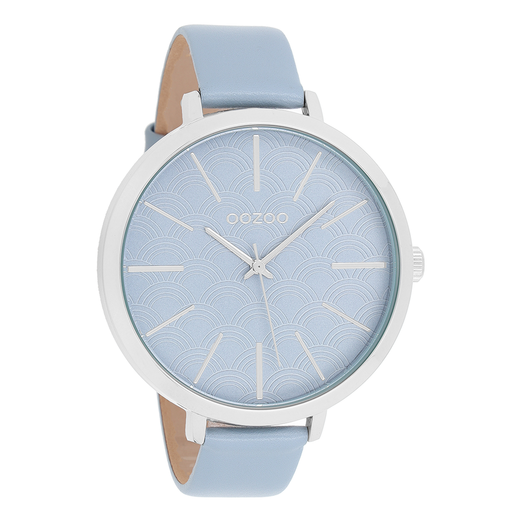 Silver coloured OOZOO watch with light blue leather strap - C9677