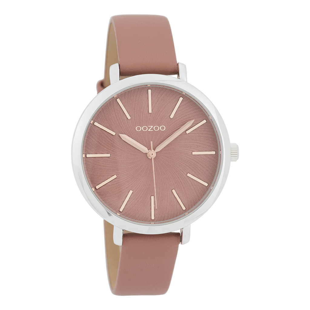 Silver coloured OOZOO watch with warm pink leather strap - C9696