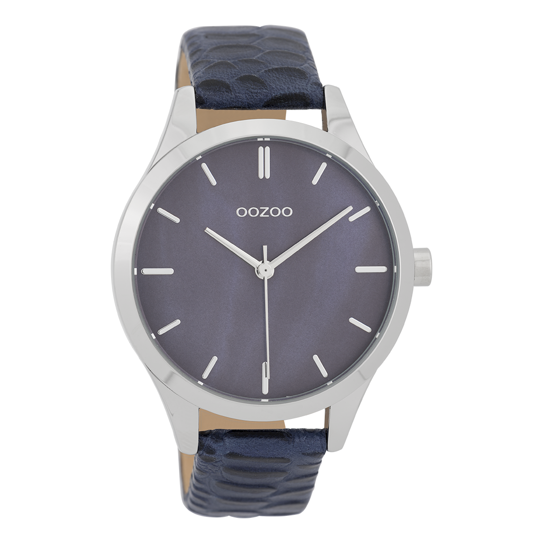 Silver coloured OOZOO watch with dark blue leather strap - C9721