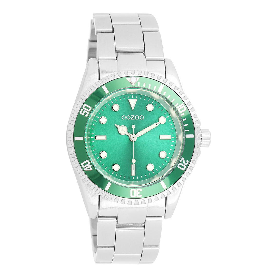 Silver coloured/green OOZOO watch with stainless steel bracelet - C11146