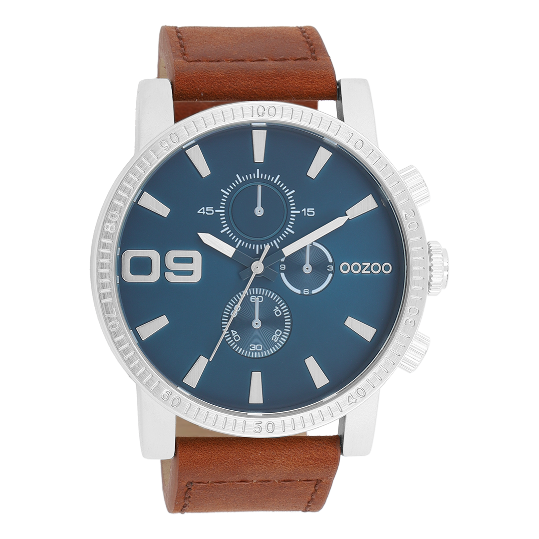Silver coloured OOZOO watch with brown leather strap - C11210