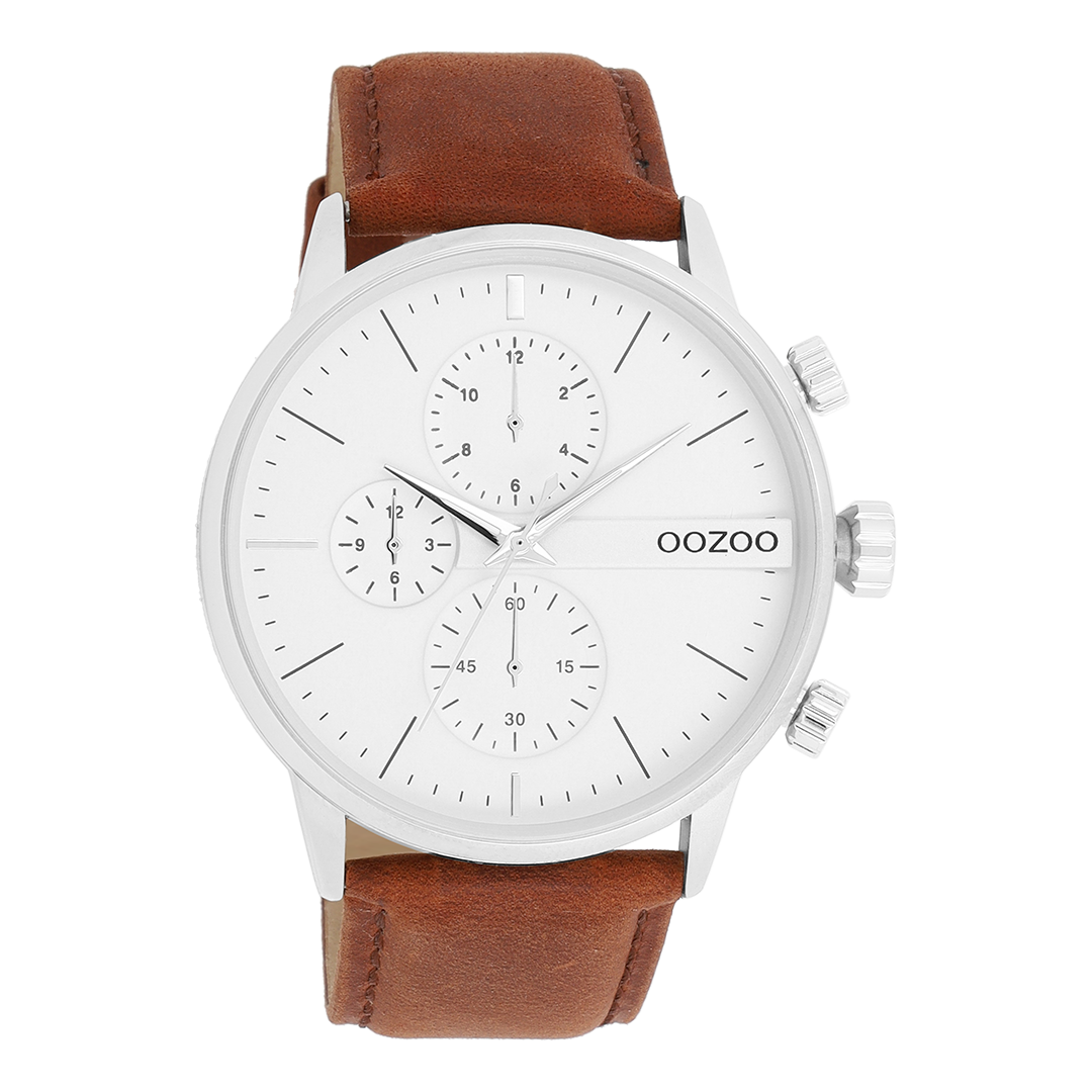 Silver coloured OOZOO watch with brown leather strap - C11220