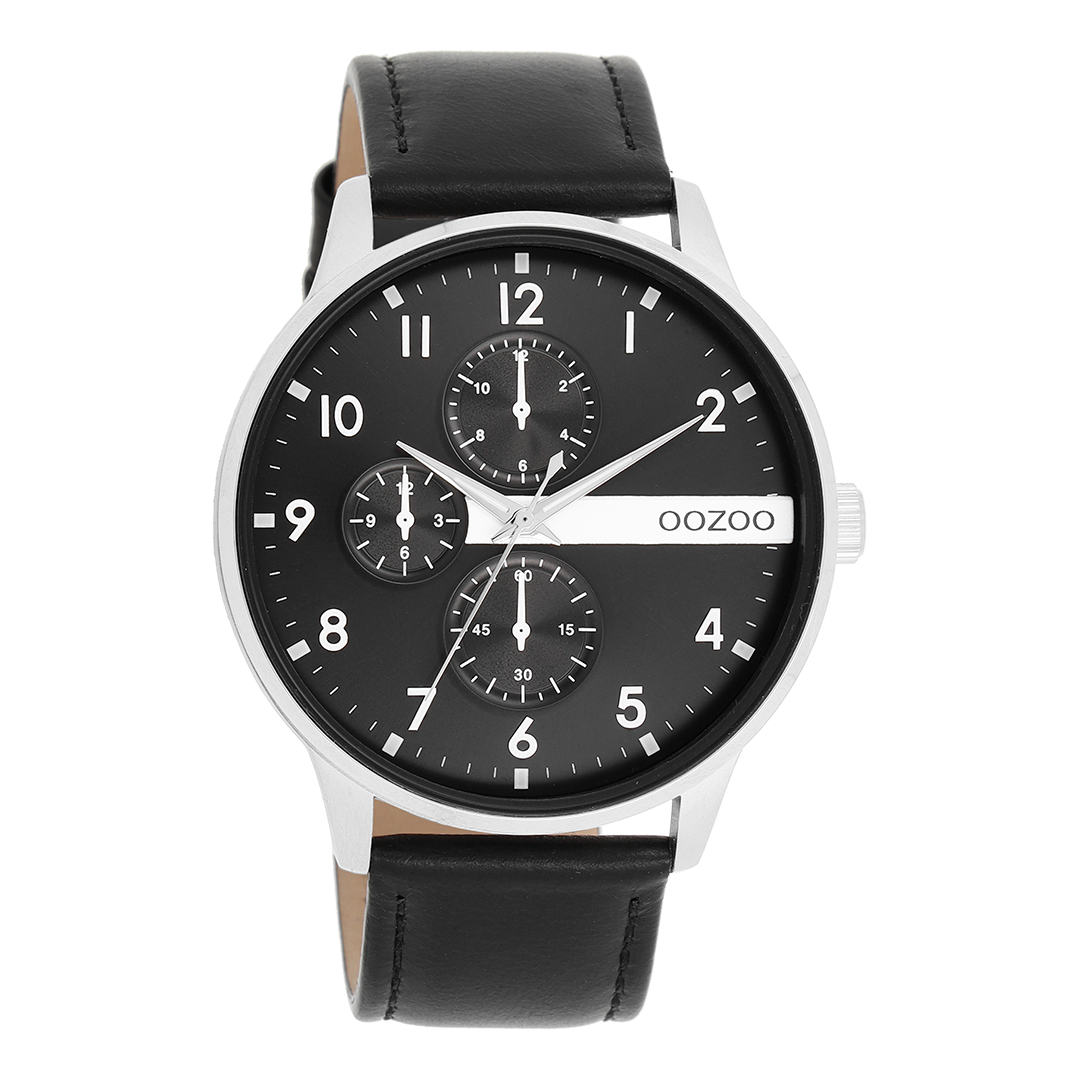 Silver coloured OOZOO watch with black leather strap - C11309