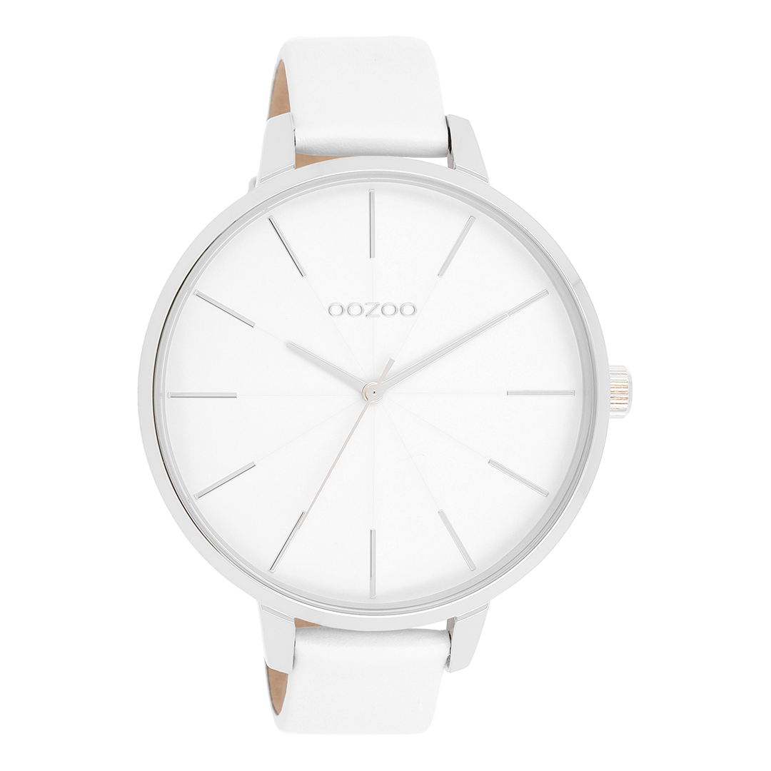 Silver coloured OOZOO watch with white leather strap - C11345