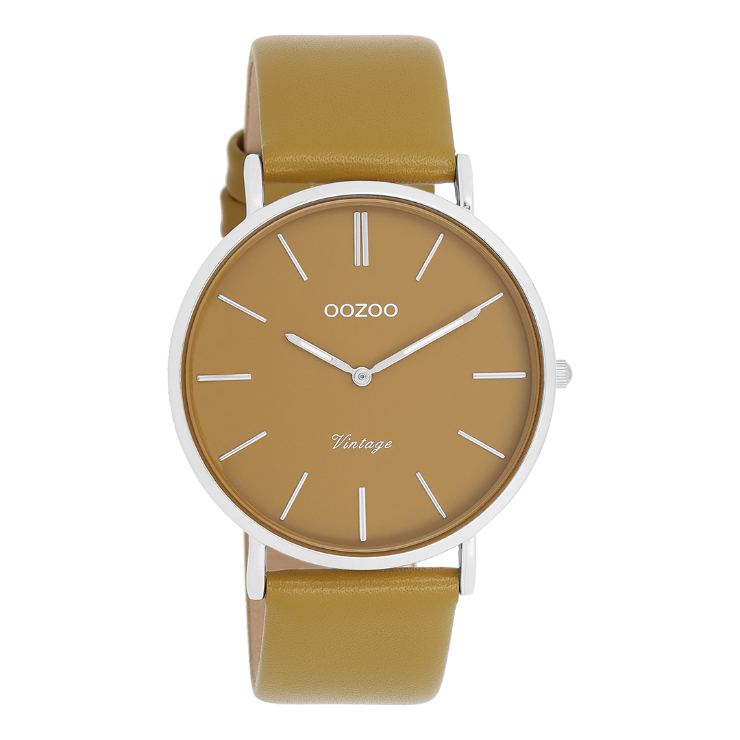 Silver coloured OOZOO watch with olive leather strap - C20326